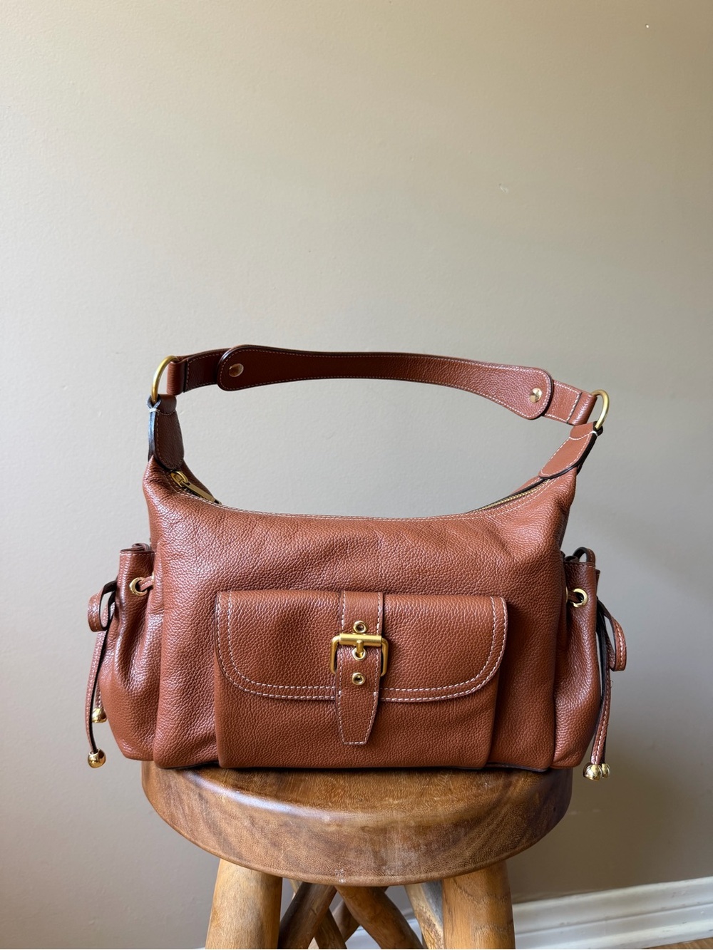 Gerard Darel Cognac Brown Leather Shoulder Bag with Gold Hardware